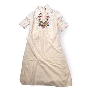 Vintage Johnny Embroidered‎ Linen Dress Folk Peasant Boho Small 70s
